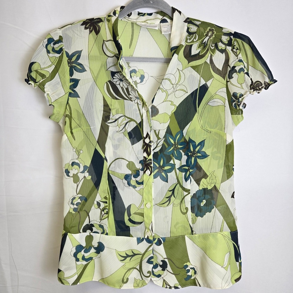 Worthington y2k Sheer Floral Babydoll Top Flutter Sleeves, Green Brown White, 6